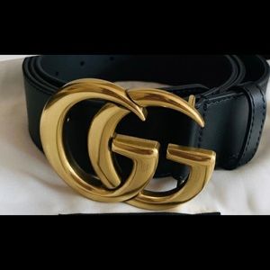 Gucci Gold Brass Black Leather Belt - 1.5 inch GG
